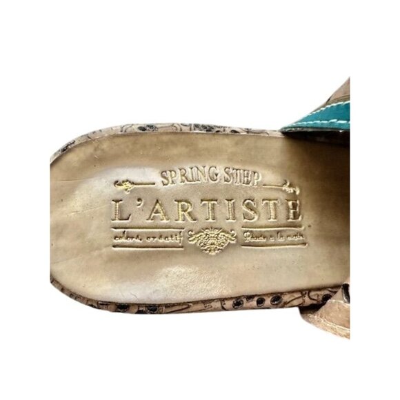 L"Artiste by Spring Step VTG Floral Tan-Teal Laser-Cut Floral Slingback Heels 39 - Picture 8 of 8